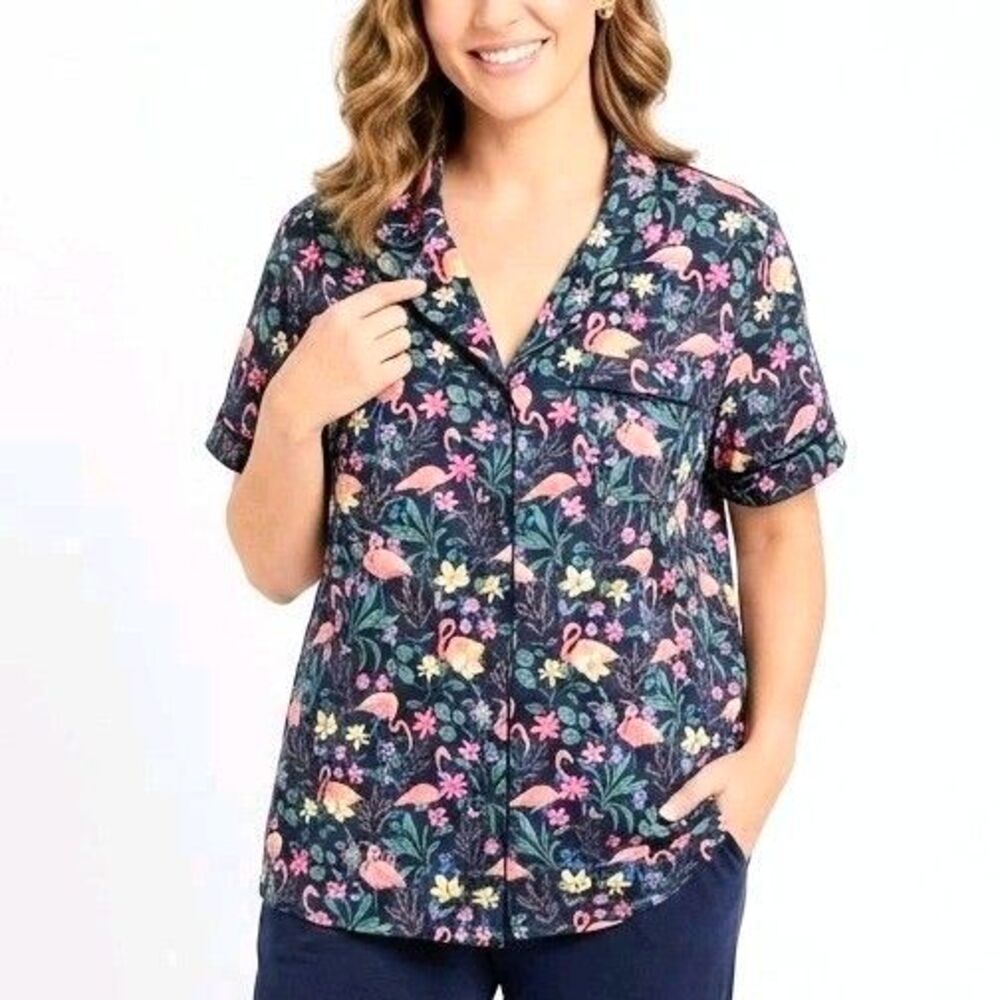 VERA BRADLEY Pajama Top Short Sleeve Tropical Flamingo Navy Blue Women Size XXL